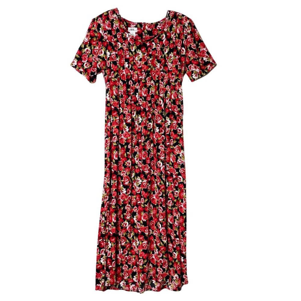 JBS Ltd Vtg Floral Dress Women's 10 Black Red Rose Prairie Cottage Short Sleeve